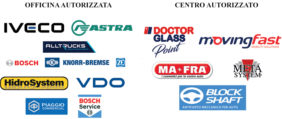 Officina e centro autorizzato Iveco, Astra, ALL Trucks, Bosh, KnorrBremse, ZF, HidroSystem, VDO, Piaggio Commercial, Bosh Service, Block Shaft, Doctor glass, movingfast, MAFRA, Meta System